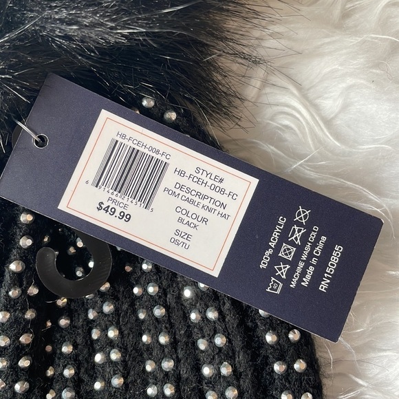 Brand New French Connection Black w/ Silver Tone Studs Pom Cable Knit Hat Beanie Brand New French Connection Black w/ Silver Tone Studs Pom  main image 2